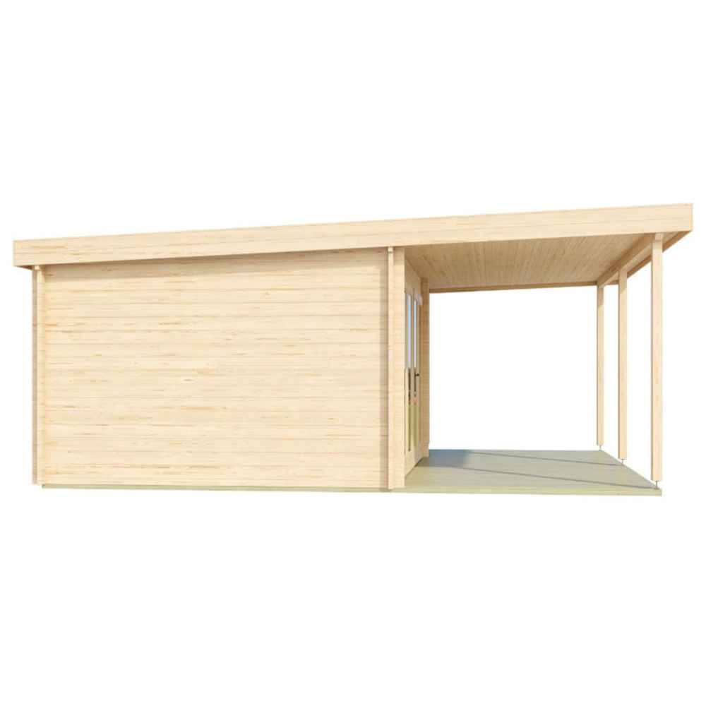 This side view of the GardenHouse24 USA Keno 70 Garden Room shows the enclosed wall and the overhanging roof stretching over the patio
