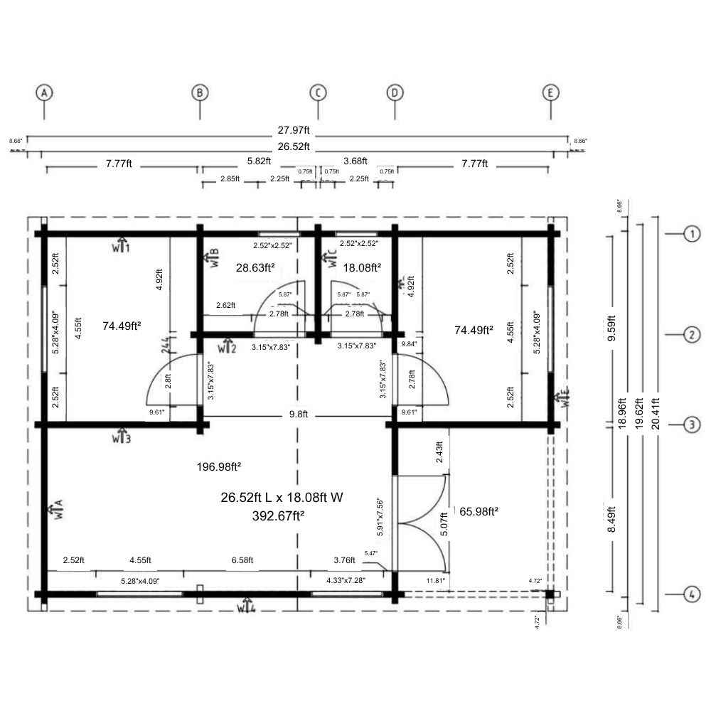 This technical drawing displays precise room measurements and internal wall placements of GardenHouse24 USA Skanderborg 90 Garden Room