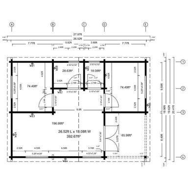 This technical drawing displays precise room measurements and internal wall placements of GardenHouse24 USA Skanderborg 90 Garden Room