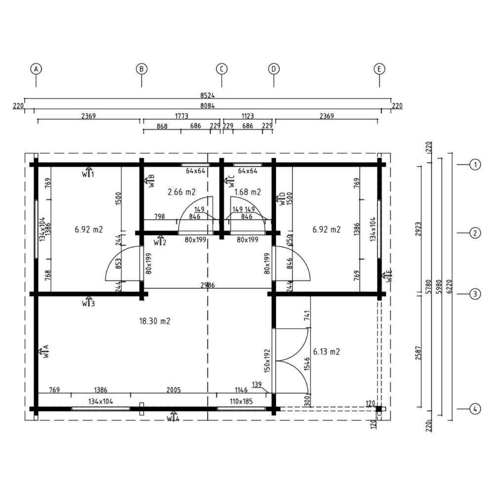 This technical drawing displays precise room measurements and internal wall placements of the GardenHouse24 USA Skanderborg 90 Garden Room for architectural reference