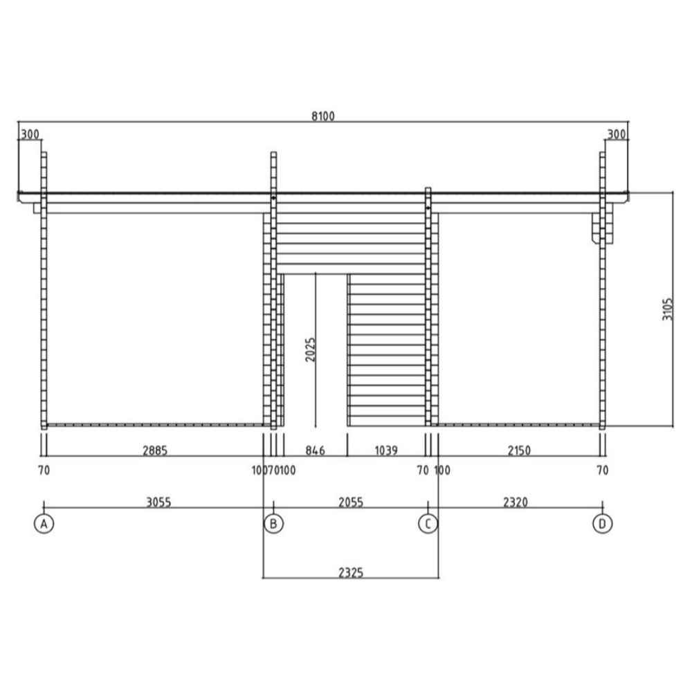 This technical drawing shows the front sectional view with porch layout and interior room spacing for the Sawmill Structures The Sunbeam Lakehouse 70mm Garden Room