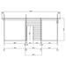 This technical drawing shows the front sectional view with porch layout and interior room spacing for the Sawmill Structures The Sunbeam Lakehouse 70mm Garden Room