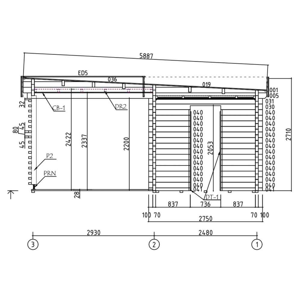 This technical elevation view outlines the height and structural features of the GardenHouse24 USA Sauna Quieto 70 Garden Room