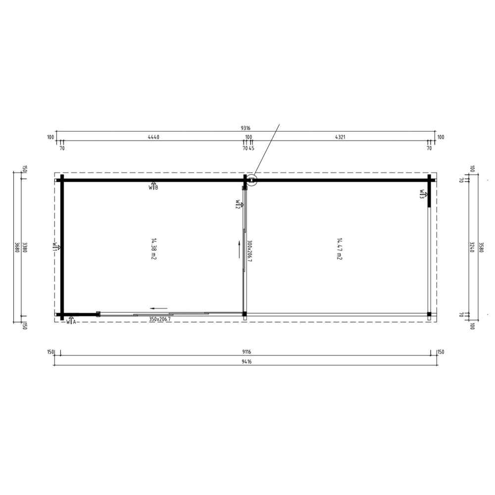 This technical floor plan of the GardenHouse24 USA ALU Concept 70A AB Garden Room outlines room dimensions, layout, and wall measurements from above