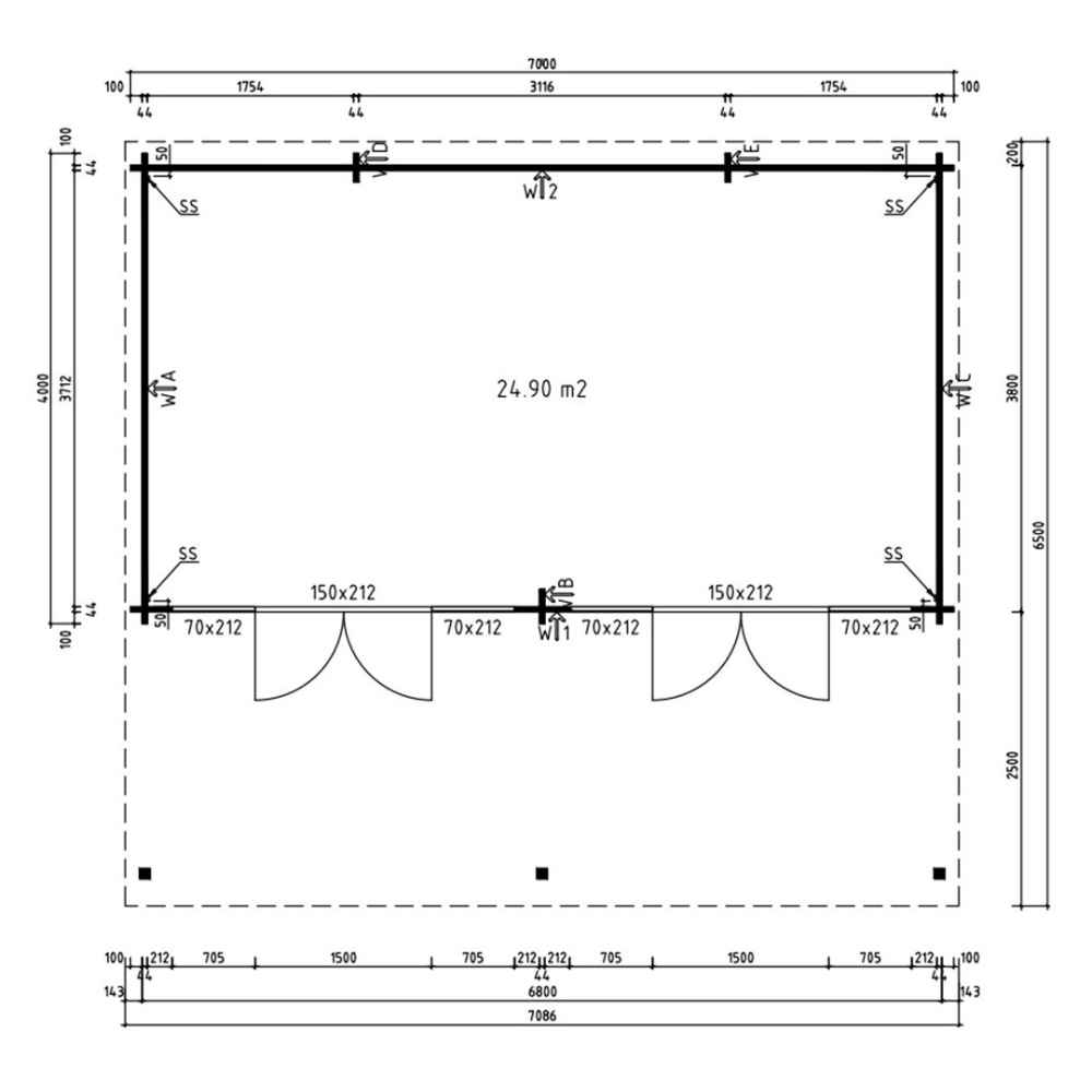 This top-down architectural plan marks all doors, windows, and interior dimensions of the GardenHouse24 USA Kevin 44 VD Garden Room
