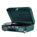 This angled side view of Arkrocket Curiosity Suitcase Bluetooth Turntable (Green Velvet) emphasizes its velvet-covered case and its open lid