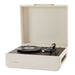 This image presents the Crosley Mercury Portable Turntable - Cream Croc from a front view with the lid closed, emphasizing the speaker grille and gold handle