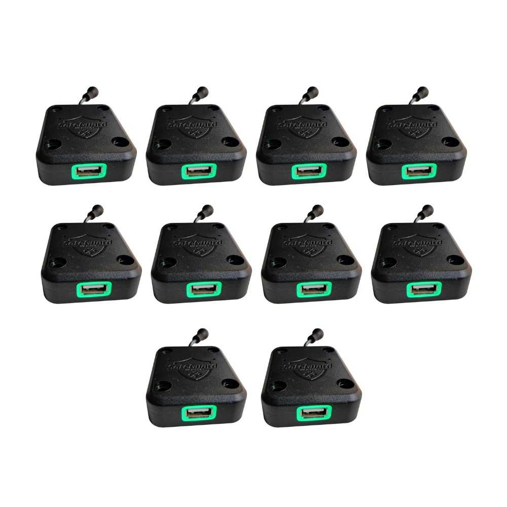 This image shows ten BBO Poker Tables Mounted USB Smart Chargers, each equipped with a USB port and green LED light