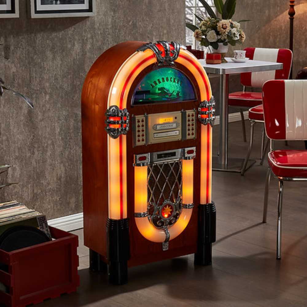 This image shows the Arkrocket Taurus Jukebox - Classic 2024 New Upgrade in a cozy living space with its vibrant lights glowing