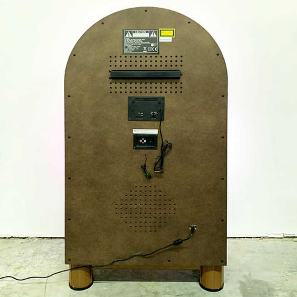 This image shows the rear side of Arkrocket Taurus II Jukebox with Stand - Dark Oak 2024 New Upgrade revealing its wiring and control panel