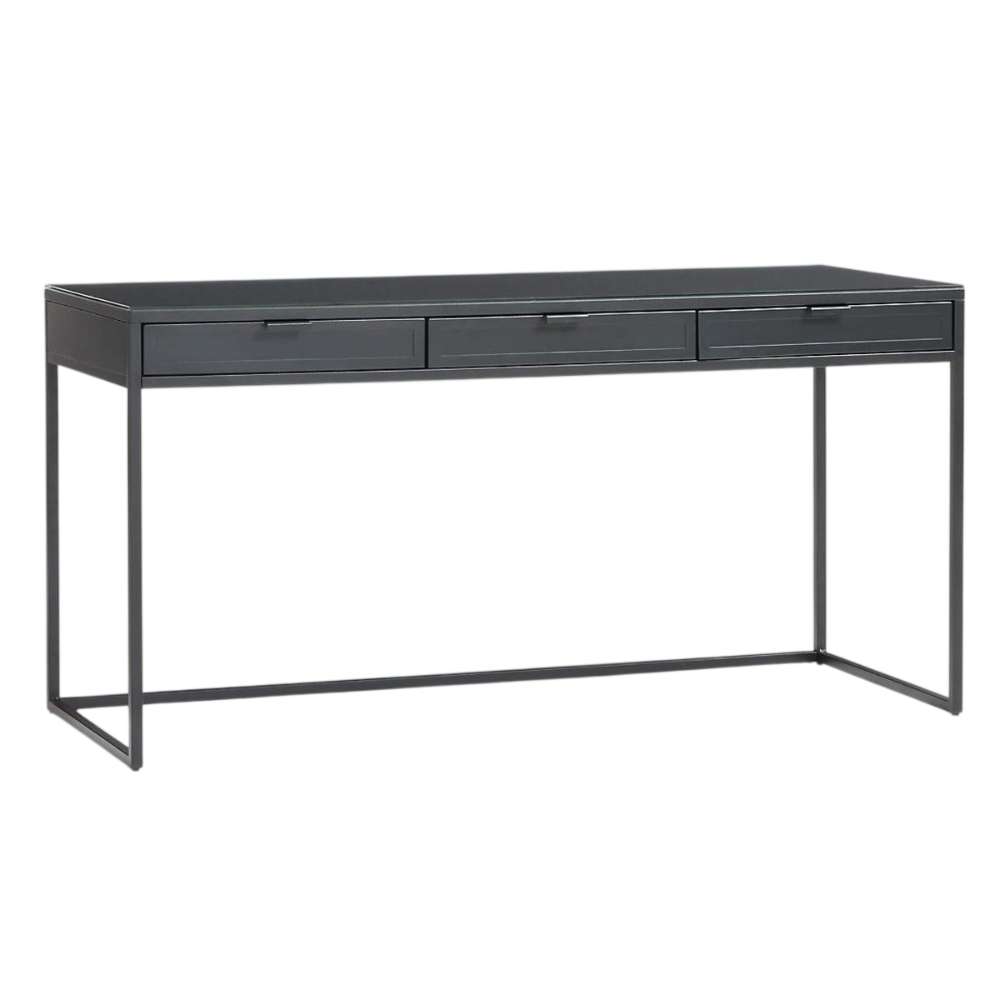 Three-quarter view of Crate & Barrel Casement 60" Black Metal Desk highlighting its clean lines, three drawers, and open metal frame