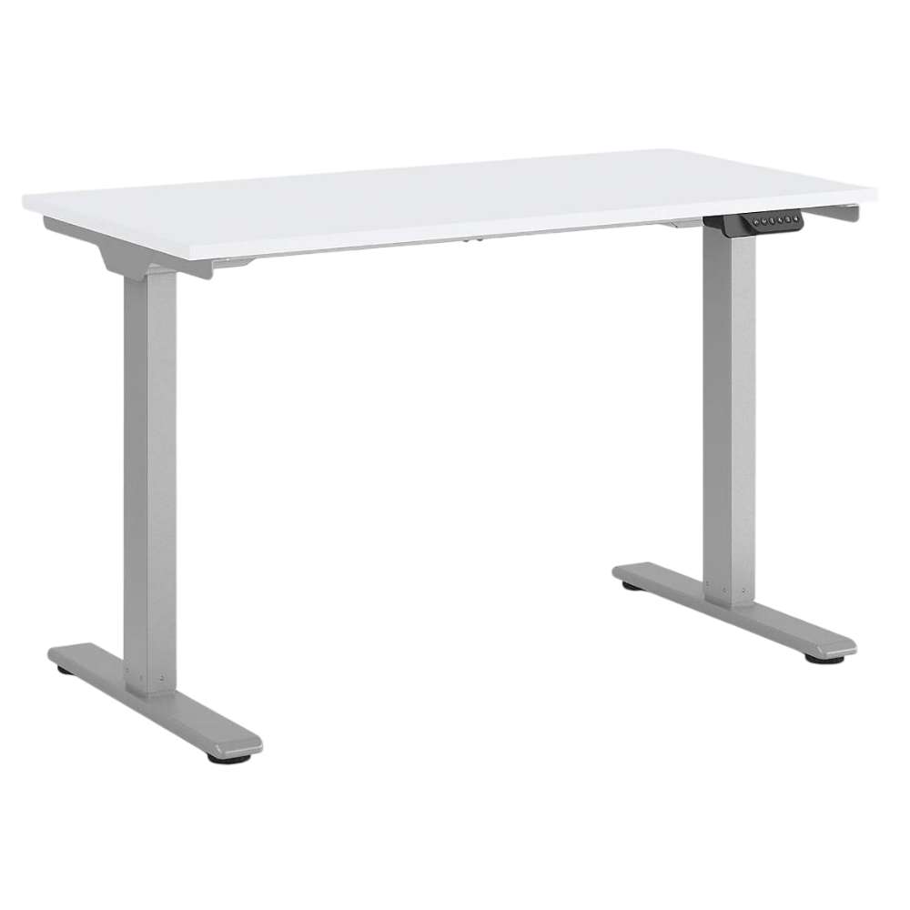Three-quarter view of Crate & Barrel Humanscale® eFloat Go 2.0 48" White Adjustable Standing Charging Desk with the built-in height control panel