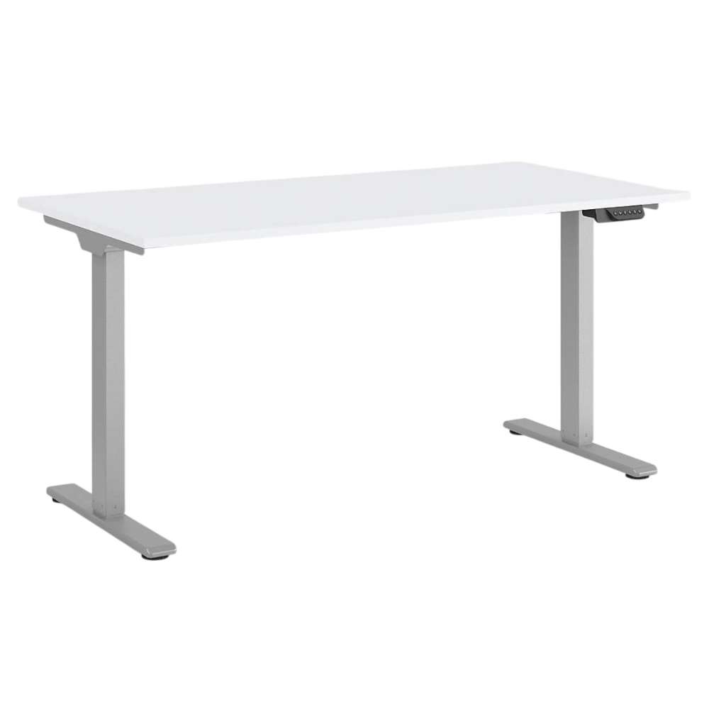 Three-quarter view of Crate & Barrel Humanscale® eFloat Go 2.0 60" White Adjustable Standing Charging Desk showing the built-in height control panel