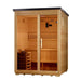 Three-quarter view of Golden Designs Arlberg 3 Person Flat Roof Traditional Outdoor Sauna showing its dark flat roof, glass door with a long handle and cedar benches inside
