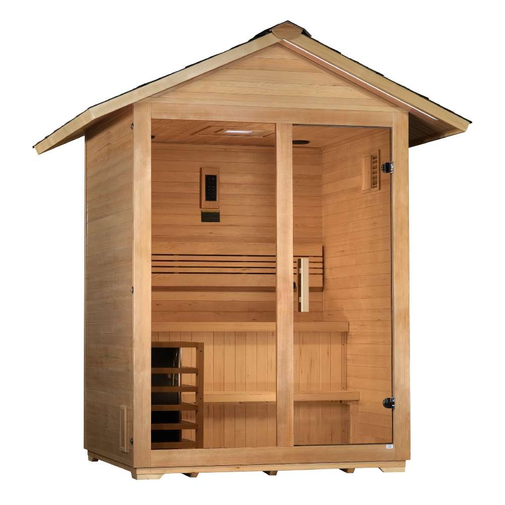 Three-quarter view of Golden Designs Arlberg 3 Person Traditional Outdoor Sauna showing its hemlock side wall, gable roof and glass door