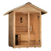 Three-quarter view of Golden Designs Arlberg 3 Person Traditional Outdoor Sauna showing its hemlock side wall, gable roof and glass door