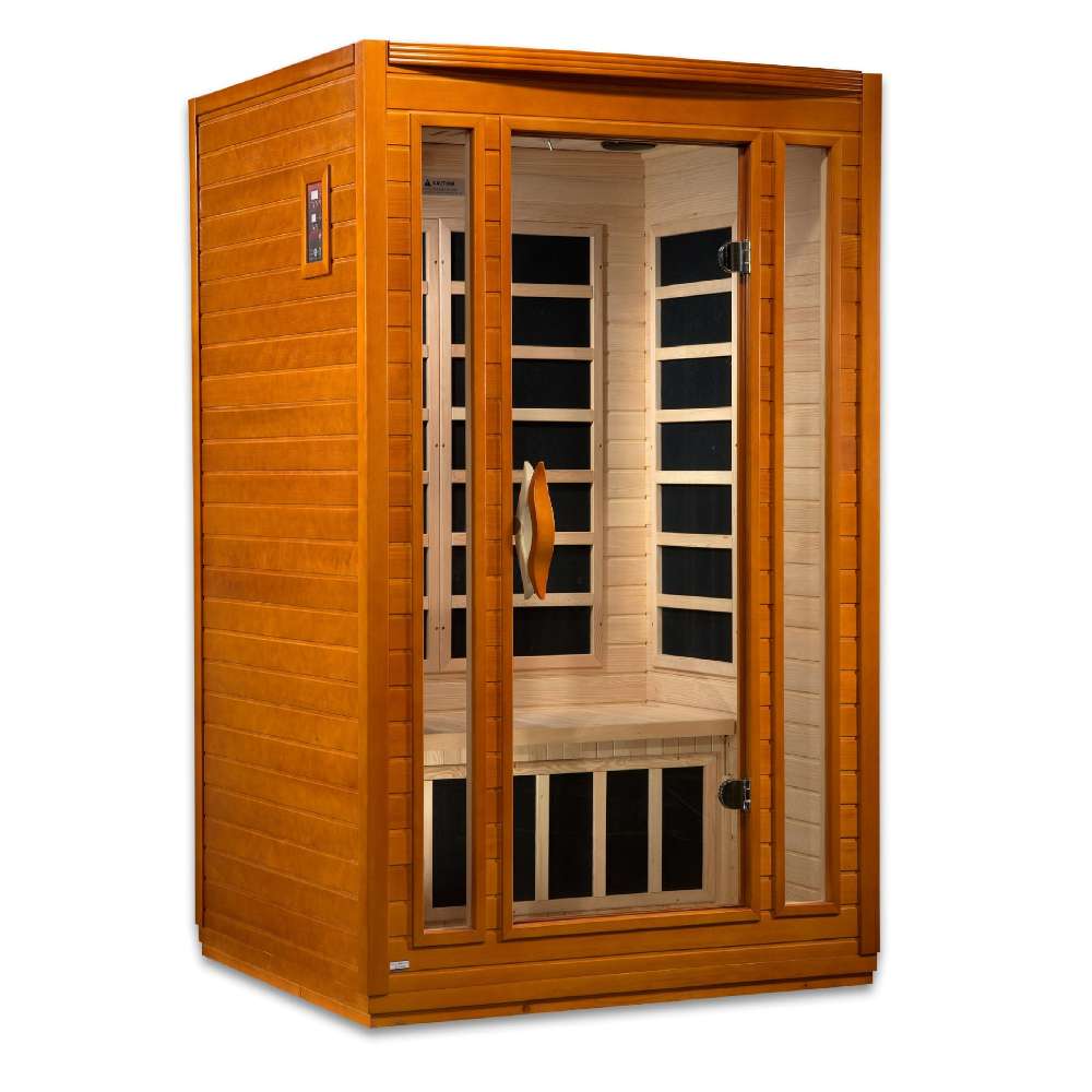 Three-quarter view of Golden Designs Dynamic San Marino 2 Person Low EMF Far Infrared Sauna showing the full-length glass door and cedar walls