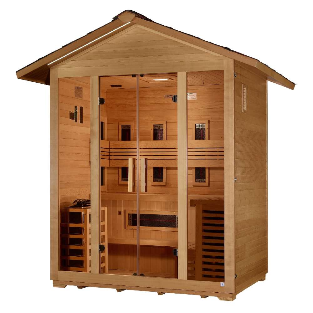 Three-quarter view of Golden Designs Gargellen 5 Person Hybrid Outdoor Sauna showing a side window, gable roof and the guarded stove behind the glass