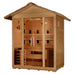 Three-quarter view of Golden Designs Gargellen 5 Person Hybrid Outdoor Sauna showing a side window, gable roof and the guarded stove behind the glass