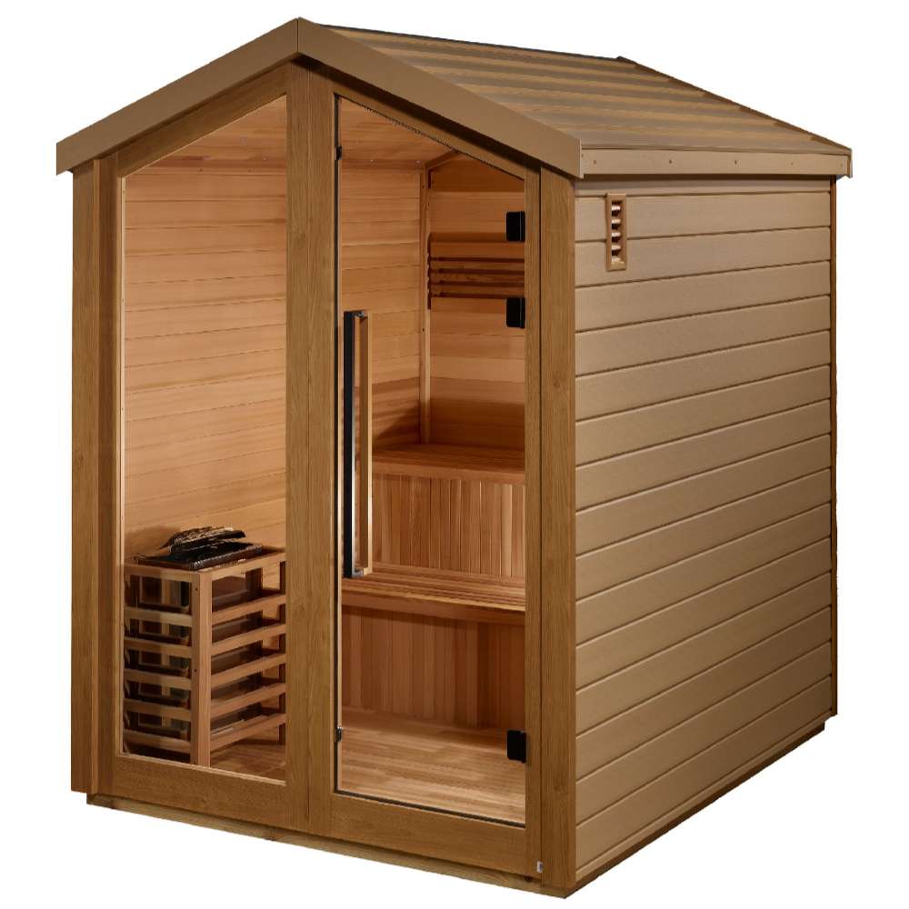 Three-quarter view of Golden Designs Kaarina 6 Person Barn Outdoor Traditional Sauna showing its shingled gable roof, cedar side wall and glass door