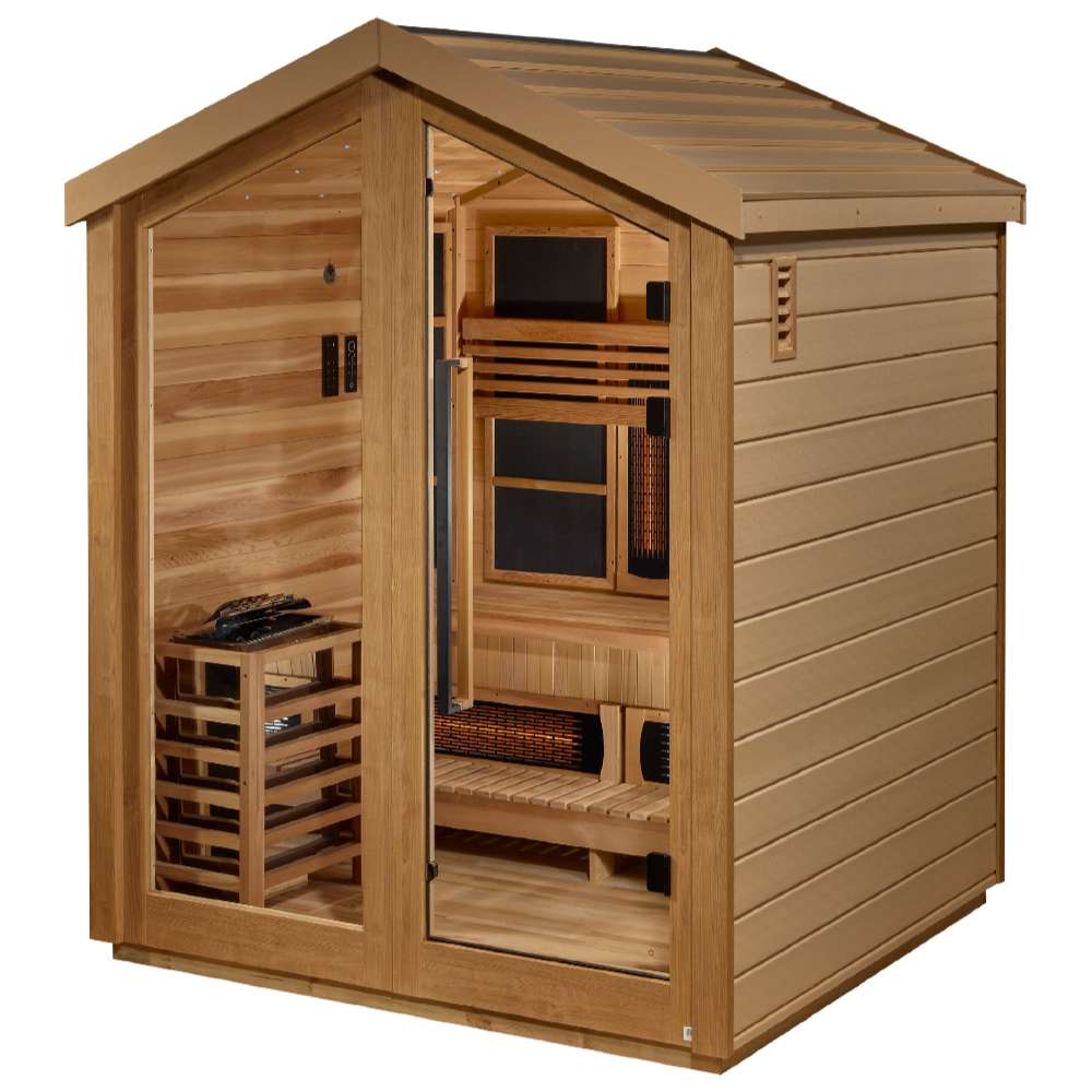 Three-quarter view of Golden Designs Loviisa 3 Person Barn Hybrid Outdoor Sauna showing its gable roof, cedar side wall and stove behind the glass