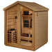 Three-quarter view of Golden Designs Loviisa 3 Person Barn Hybrid Outdoor Sauna showing its gable roof, cedar side wall and stove behind the glass