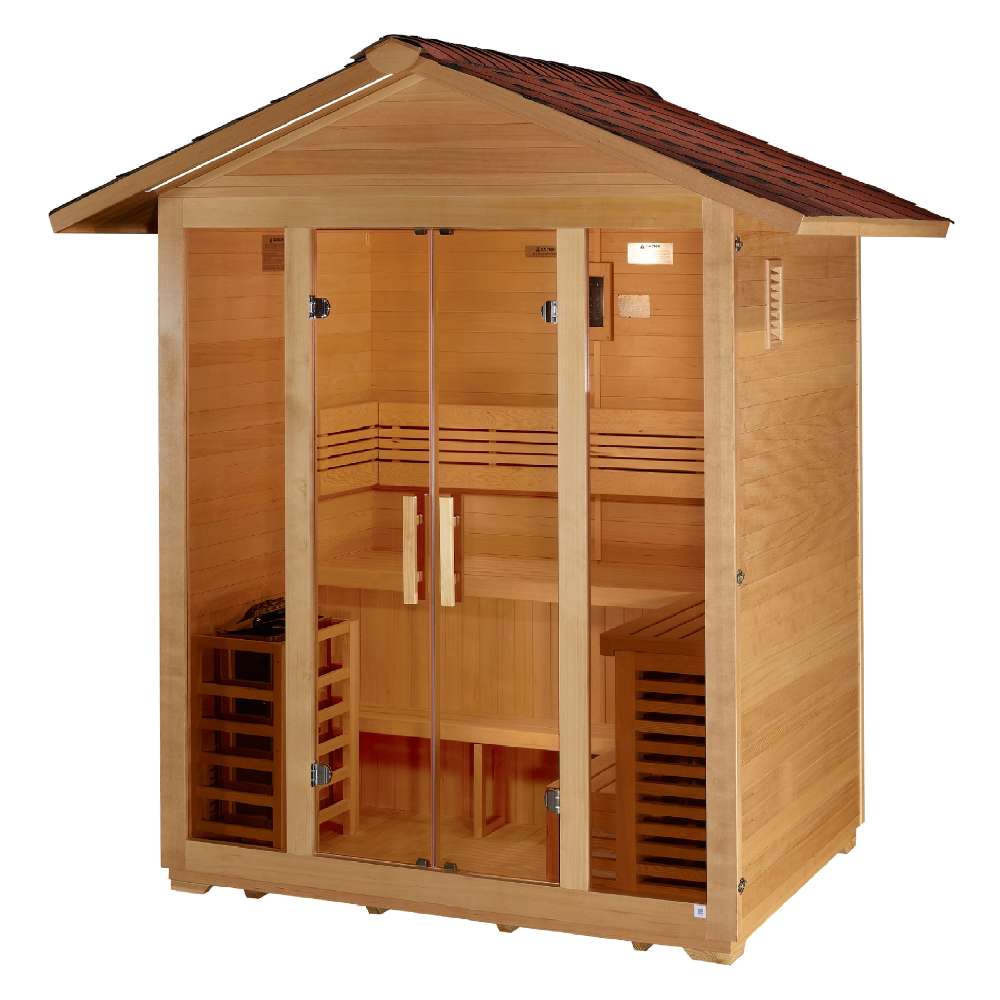 Three-quarter view of Golden Designs Vorarlberg 5 Person Traditional Outdoor Sauna showing a shingled gabled roof, glass double doors and lit benches inside