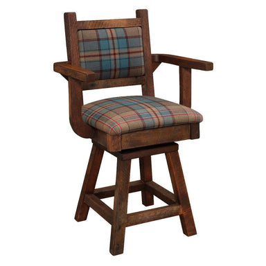 Three-quarter view of Fireside Lodge Barnwood Colonial Swivel Barstool with Arms showing its cushioned seat and solid wood legs