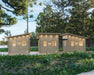 Three modular wooden cabins stand side-by-side, forming a connected retreat in the woods—this setup is part of the Sawmill Structures Multi Cube Versa 100 Garden Room system