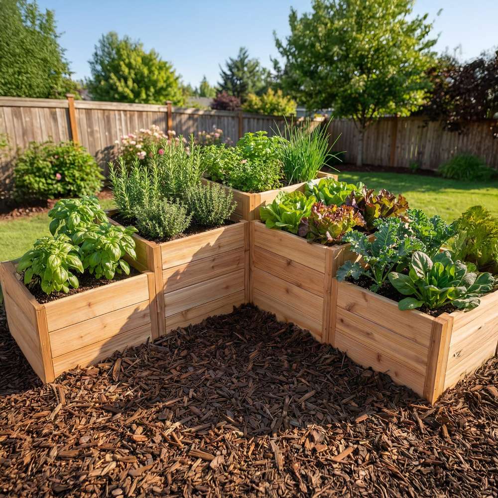 Tiered wooden garden bed with herbs in a sunny backyard features the Outdoor Living Today 5.5×2 Tiered Cedar L-Shaped Raised Garden Bed at the center