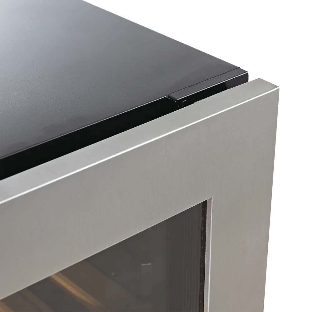 Tight corner view highlights the sleek stainless steel edge and top panel of KingsBottle 47" High Wine & Beverage Refrigerator Combo with Triple Temp Zones