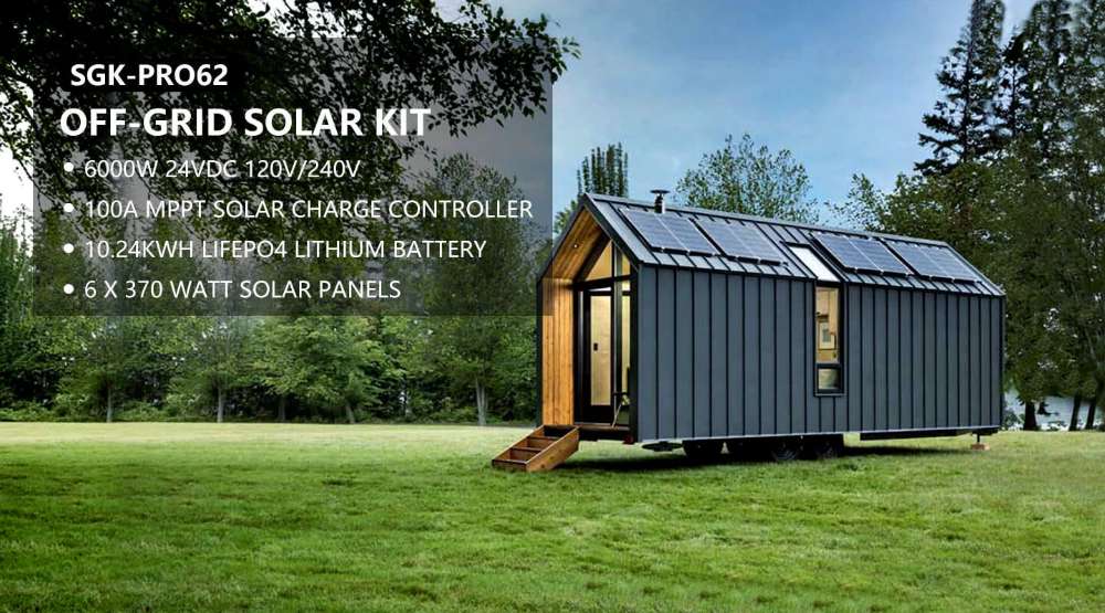 Tiny home with rooftop solar panels using Sun Gold Power 6000W 24VDC 120V/240V LiFePO4 10.24KWH Lithium Battery 2220W Solar Panel Off-Grid Solar Kit