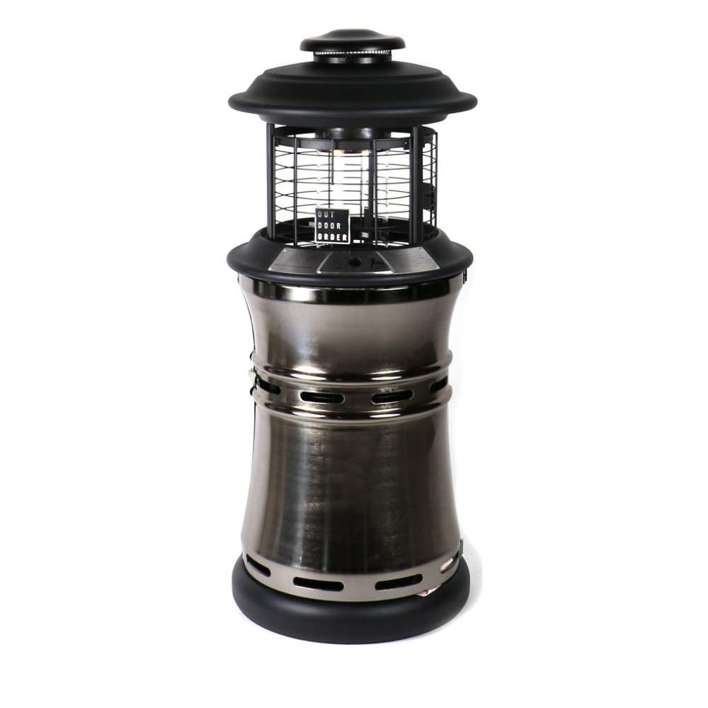 Titanium Outdoor Order Axis Collapsible Heater sits collapsed to a compact height with its hood resting above the base