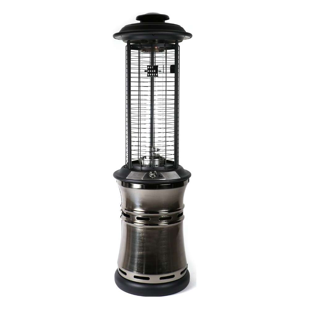 Titanium Outdoor Order Axis Collapsible Heater stands upright with a silver-toned base below its caged glass tube