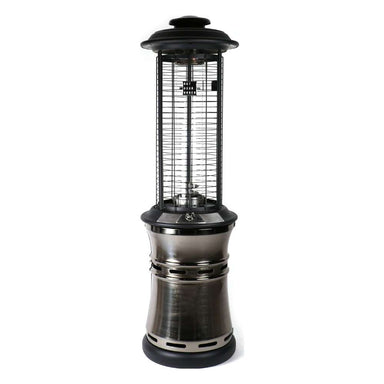 Titanium Outdoor Order Axis Collapsible Heater stands upright with a silver-toned base below its caged glass tube