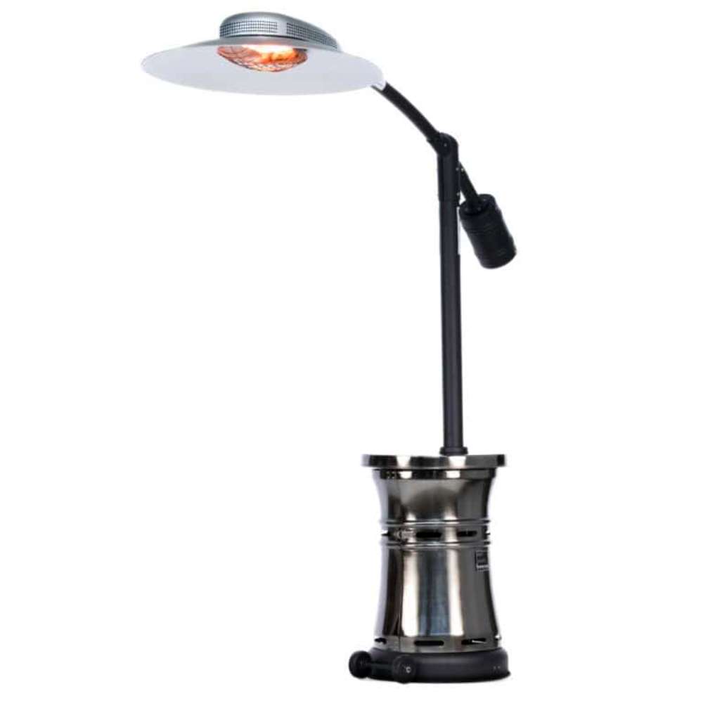 Titanium Outdoor Order Curve Infrared Heater features a wheeled base, curved arm, and glowing infrared head