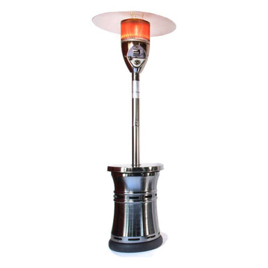 Titanium Outdoor Order Halo Traditional Heater stands on a white background with its reflector hood, glowing burner head, and flared base