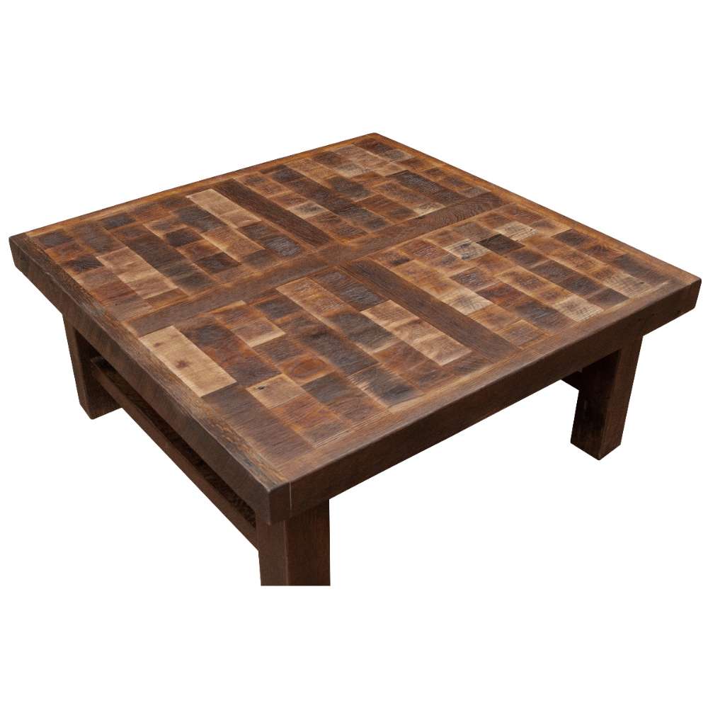 Top-angle view of the Fireside Lodge Barnwood Americana Coffee Table - 42 Inch featuring its checkered wood design made of various natural wood tones