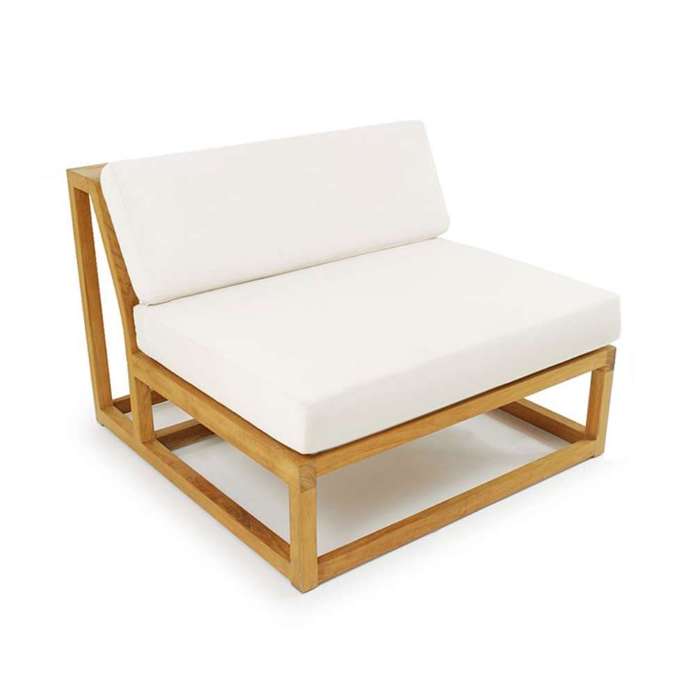 Top angled view of Westminster Teak Maya Slipper Chair with cushions shows its deep seat and clean, modern lines