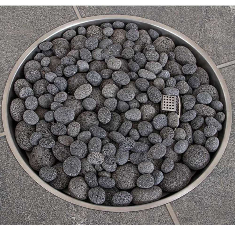 Top close-up of Westminster Teak Agora Fire Table shows the lava rock fire bowl set in the center