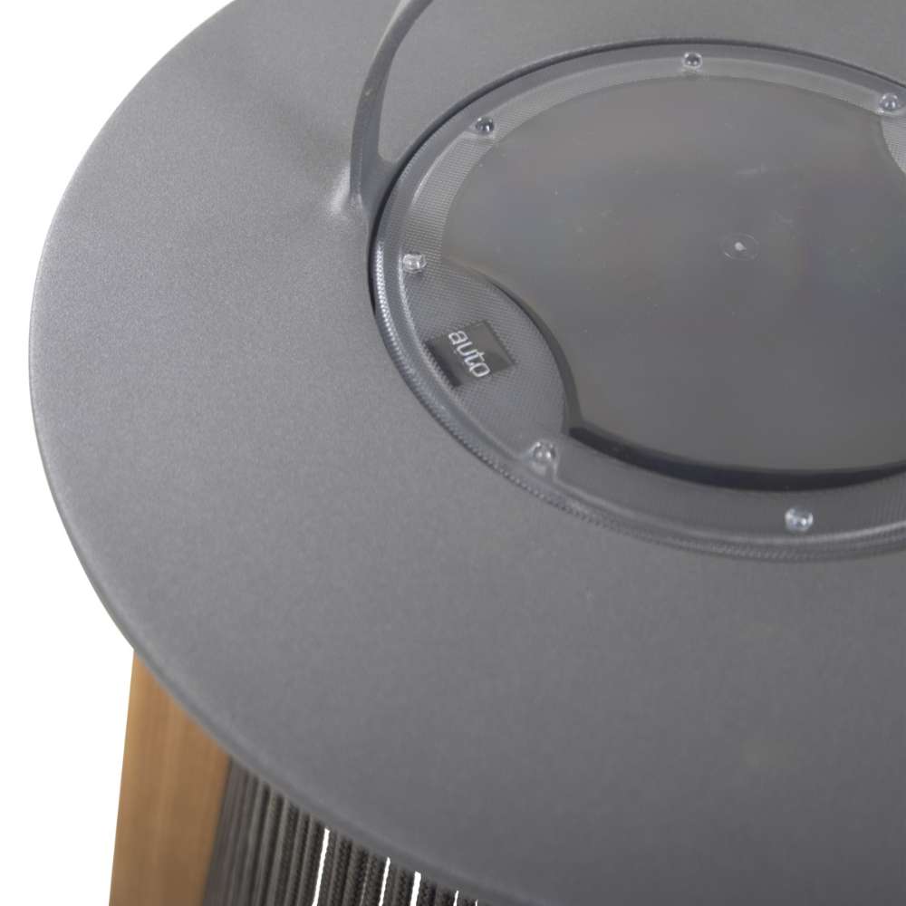 Top close-up of Westminster Teak Luna Large Lantern reveals a flat metal lid with a circular glass center and a small handle for carrying