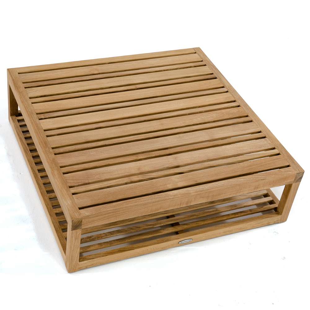 Top-down angled view of Westminster Teak Maya Teak Coffee Table highlights its evenly spaced slats and sturdy teak wood frame