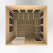Top-down view inside Golden Designs Catalonia 8 Person Near Zero EMF Far IR Sauna showing the open hemlock floor, wall panels and ceiling heaters