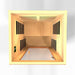 Top-down view inside Golden Designs Dynamic Avila 1-2 Person Low EMF Far Infrared Sauna showing the bench, side carbon panels and floor heater