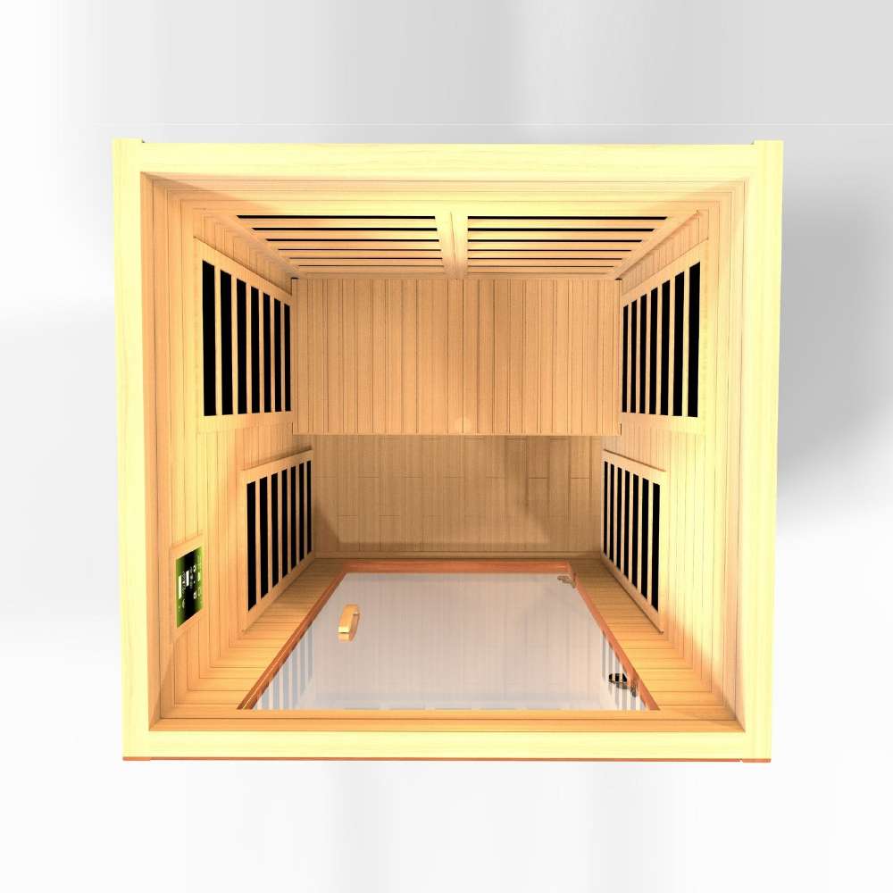 Top-down view inside Golden Designs Dynamic Avila Elite 1-2 Person Ultra Low EMF Far Infrared Sauna showing the bench, wall carbon panels and floor heater