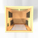 Top-down view inside Golden Designs Dynamic Avila Elite 1-2 Person Ultra Low EMF Far Infrared Sauna showing the bench, wall carbon panels and floor heater