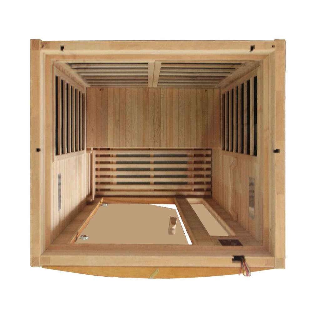 Top-down view inside Golden Designs Dynamic Barcelona 1-2 Person Low EMF Far Infrared Sauna showing the bench, side carbon panels and floor heater