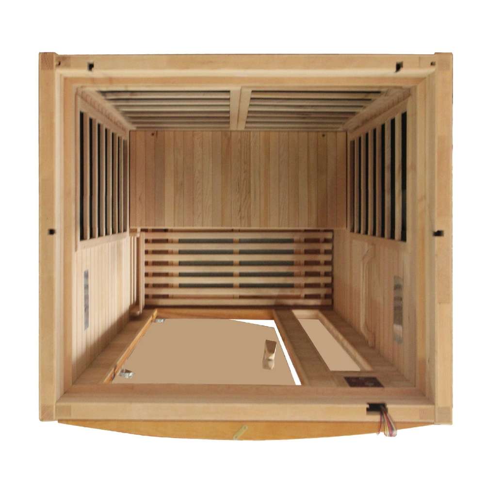 Top-down view inside Golden Designs Dynamic Barcelona Elite 1-2 Person Ultra Low EMF Far Infrared Sauna showing the bench, wall carbon panels and floor heater