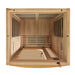 Top-down view inside Golden Designs Dynamic Barcelona Elite 1-2 Person Ultra Low EMF Far Infrared Sauna showing the bench, wall carbon panels and floor heater