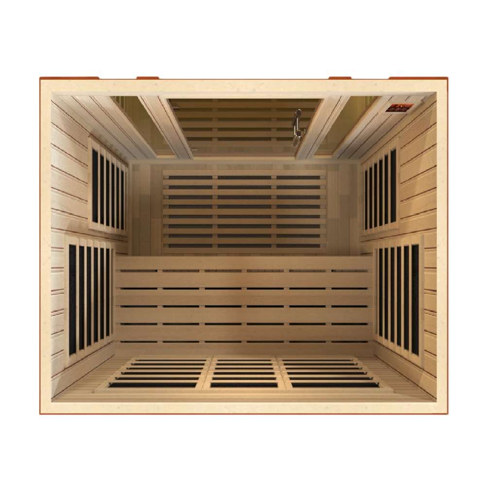 Top-down view inside Golden Designs Dynamic Bellagio 3 Person Low EMF Far Infrared Sauna showing carbon panels on every wall and a long bench